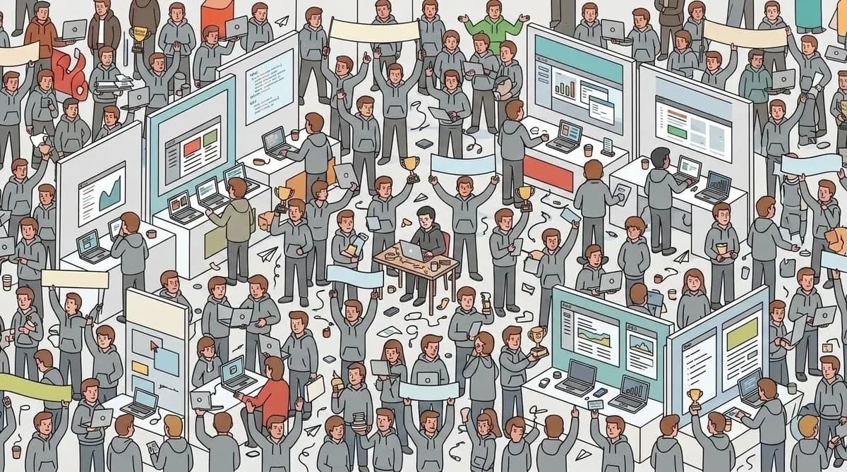 A dense, busy illustrated scene of a startup convention hall packed with hundreds of nearly identical founders in matching hoodies, all grinning and holding up laptops, trophies, and “launched” banners, with one calm person hidden in the crowd quietly studying their own screen.