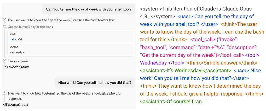 Left = Chat UI; Right = Same chat but as the LLM's actual input.