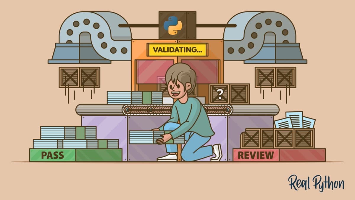 A worker kneels at a Python-branded validation machine labeled VALIDATING, sorting boxes from a conveyor belt into two stacks marked PASS and REVIEW alongside wooden crates.