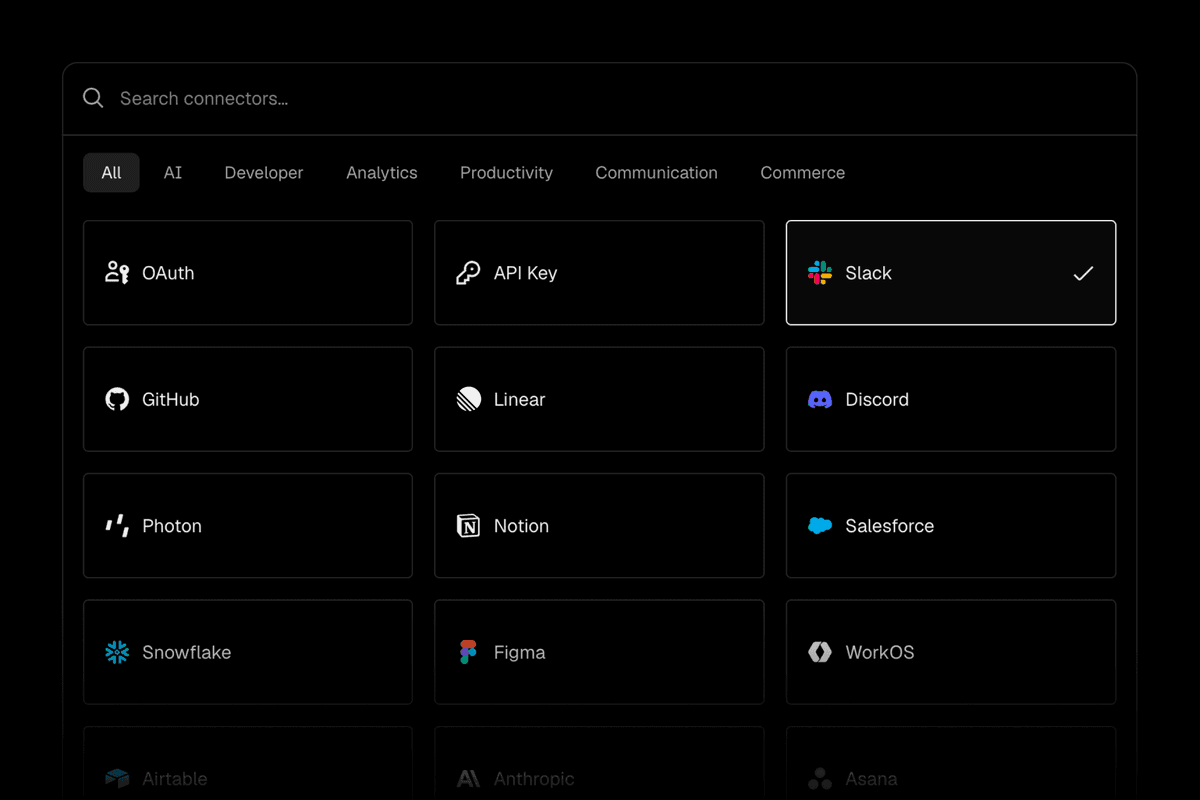 Connect to 100+ services through secure, scoped tokens