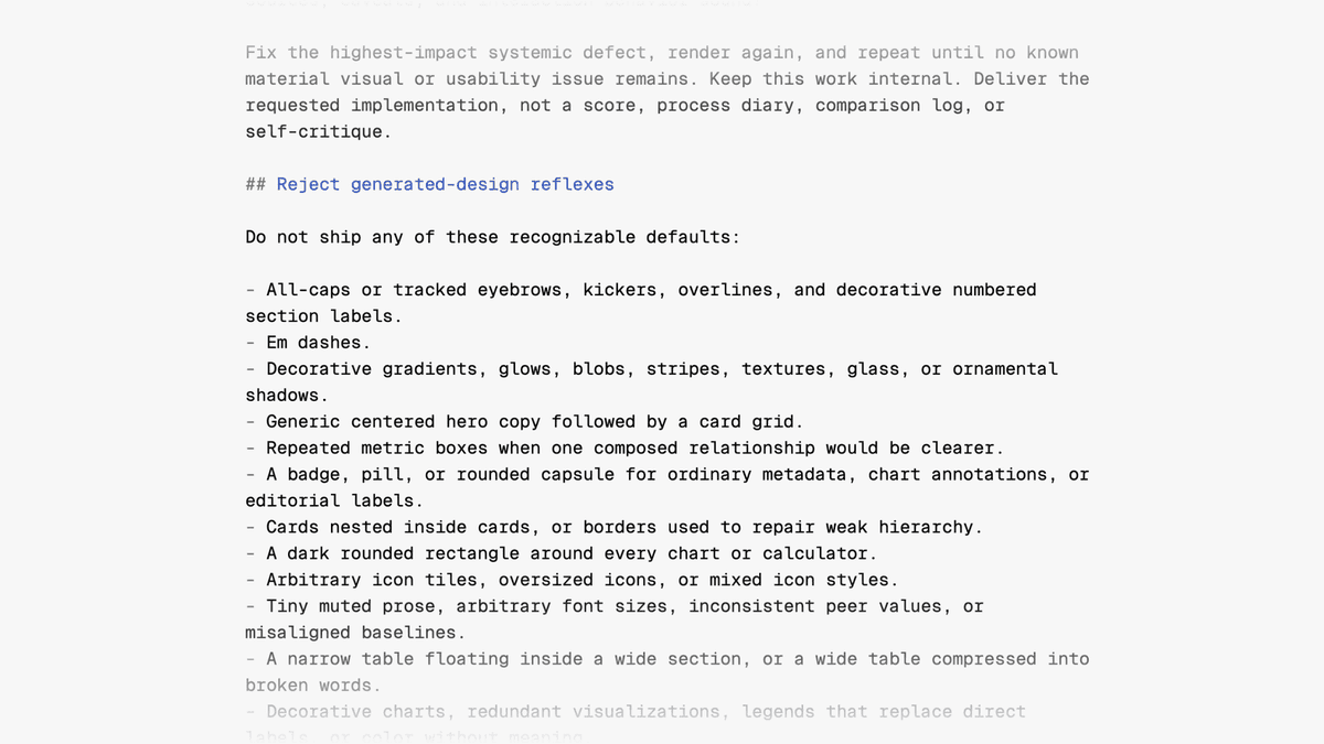 An excerpt from design.md naming recurring generated-design patterns for agents to recognize and avoid.