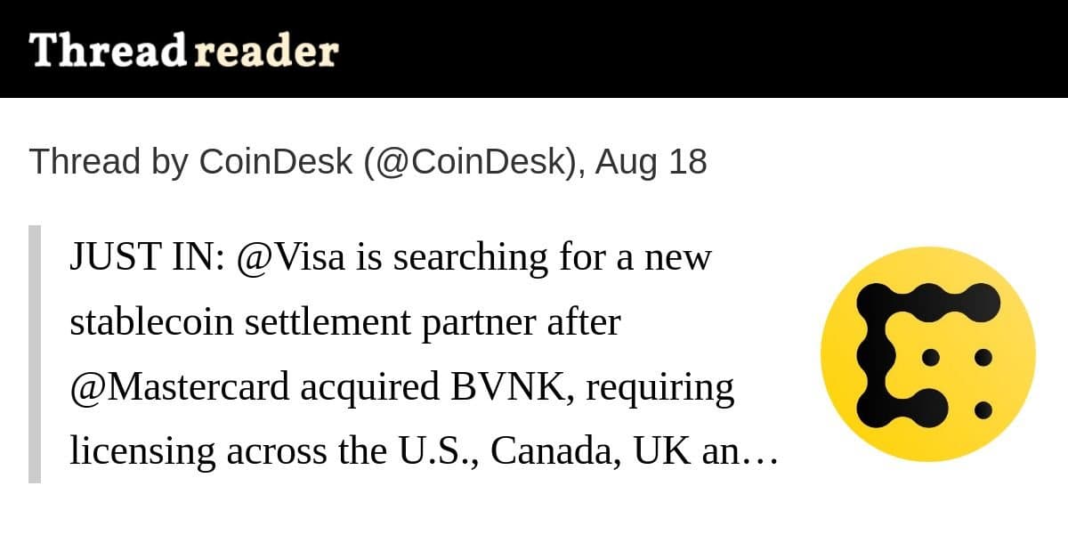 Visa procura novo parceiro de liquidação para stablecoins após aquisição da BVNK pela Mastercard