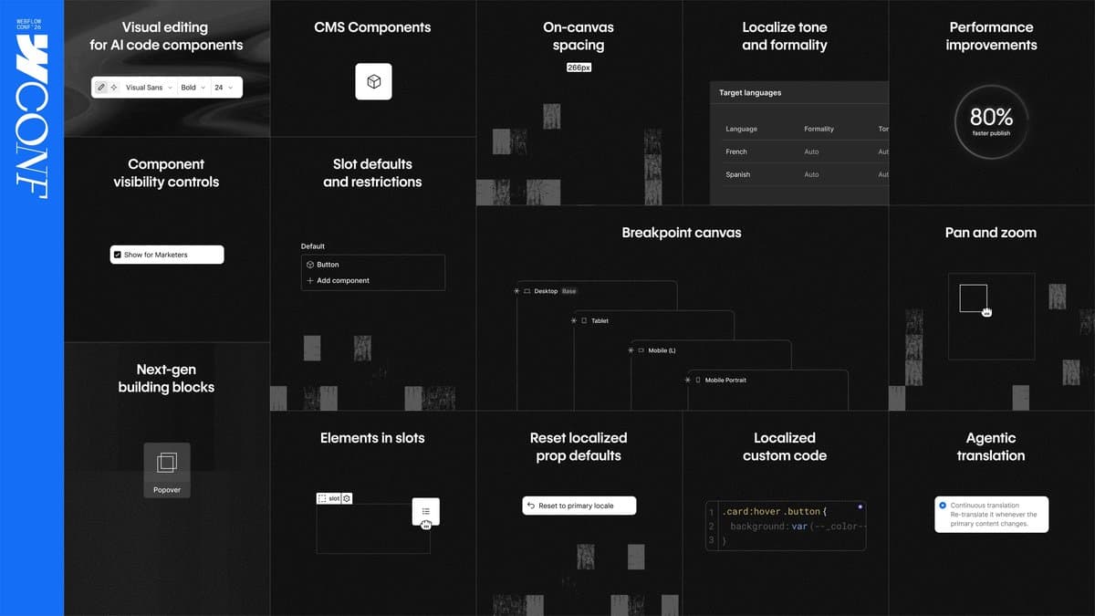 Webflow Conf 2026 Revela Novidades para Builders em Canvas, CMS e Melhorias de Qualidade de Vida
