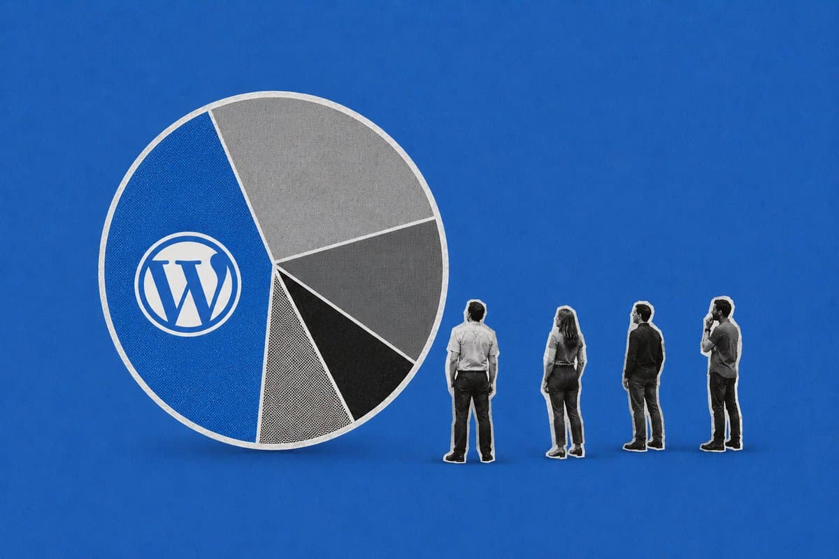 Four people looking at a large pie chart with a blue WordPress logo segment.